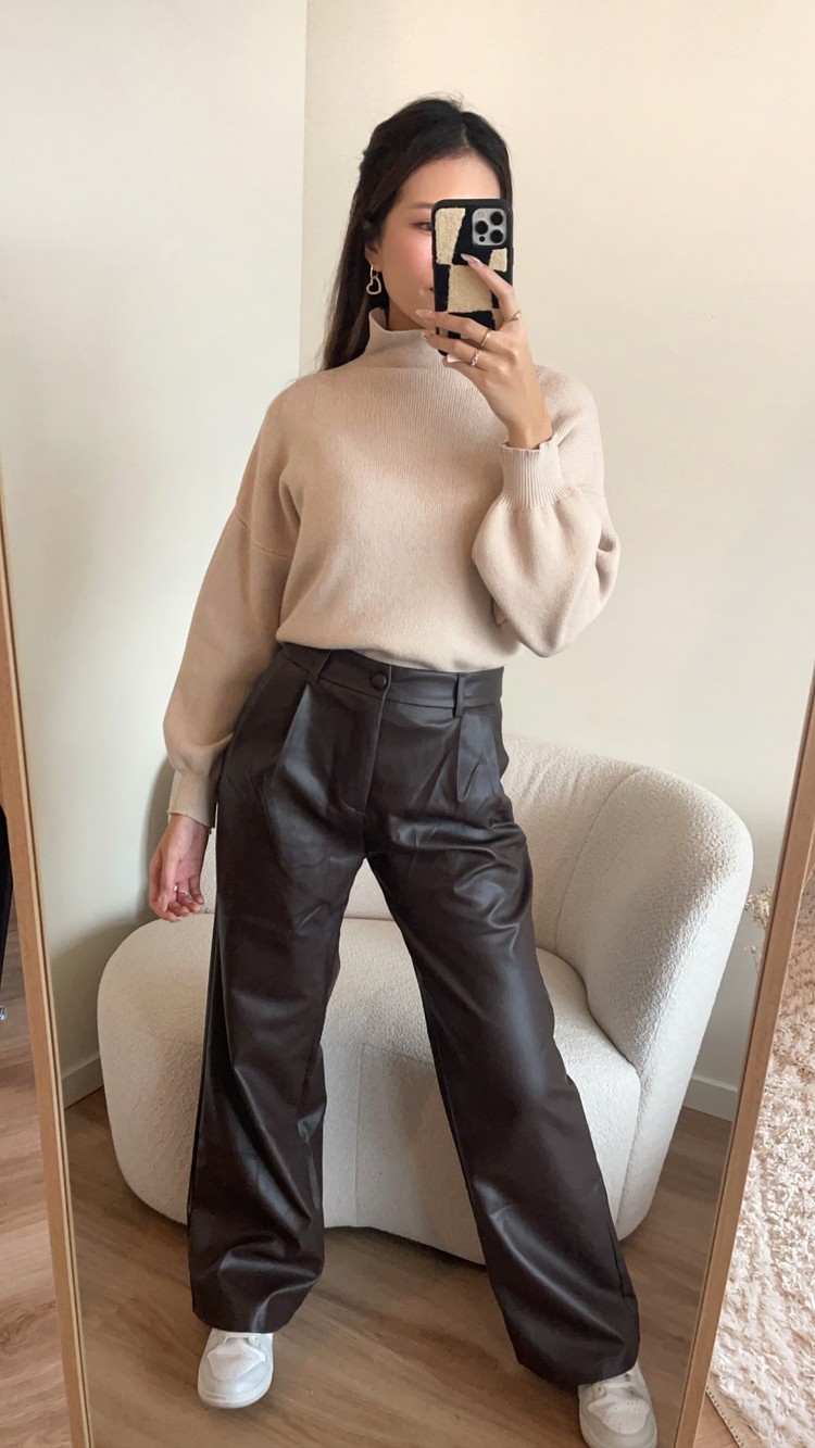 Hera Faux Leather Wide Leg Trousers / Brown