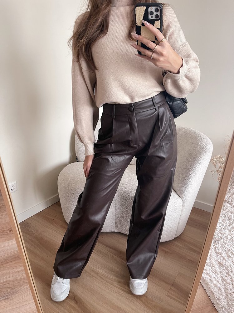 Hera Faux Leather Wide Leg Trousers / Brown