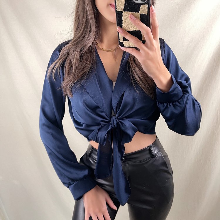 Yanis Satin Tie Top / Navy