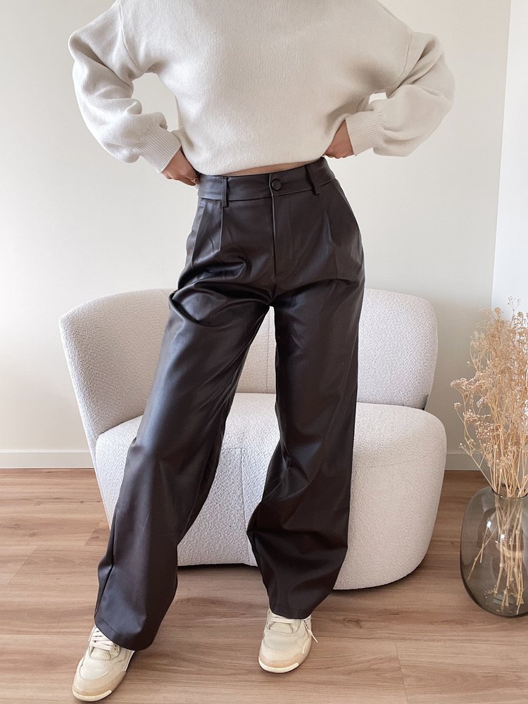 Hera Faux Leather Wide Leg Trousers / Brown