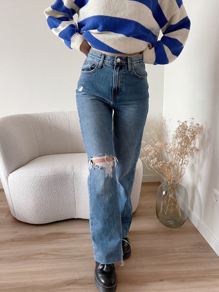 Xenia Ripped Wide Leg Jeans / Mid Blue