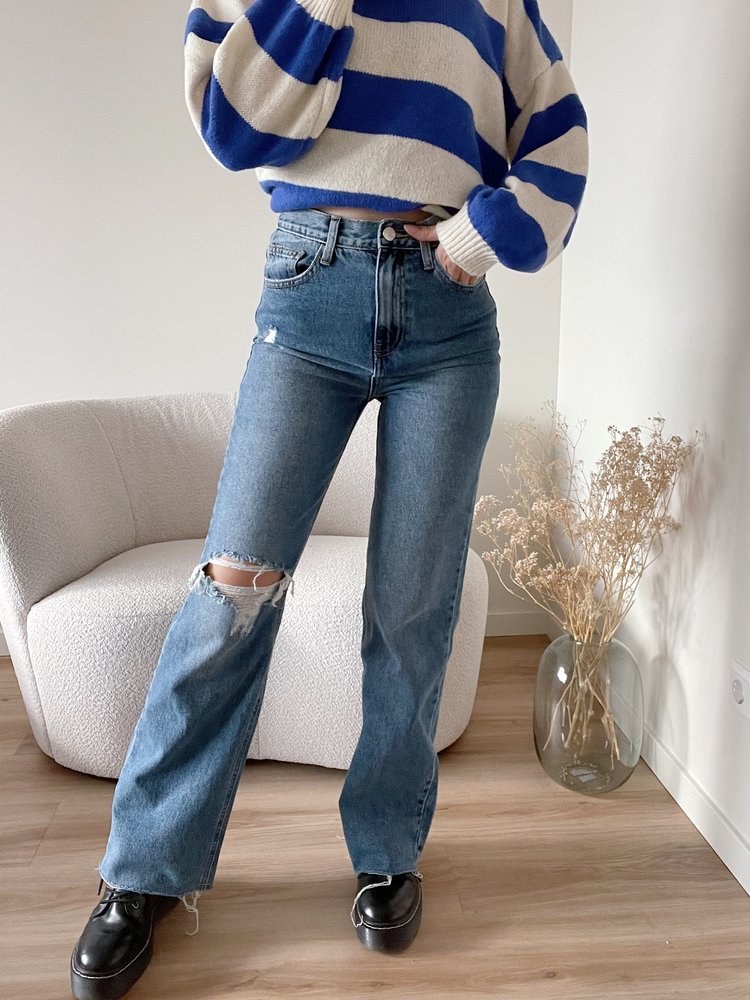 Xenia Ripped Wide Leg Jeans / Mid Blue