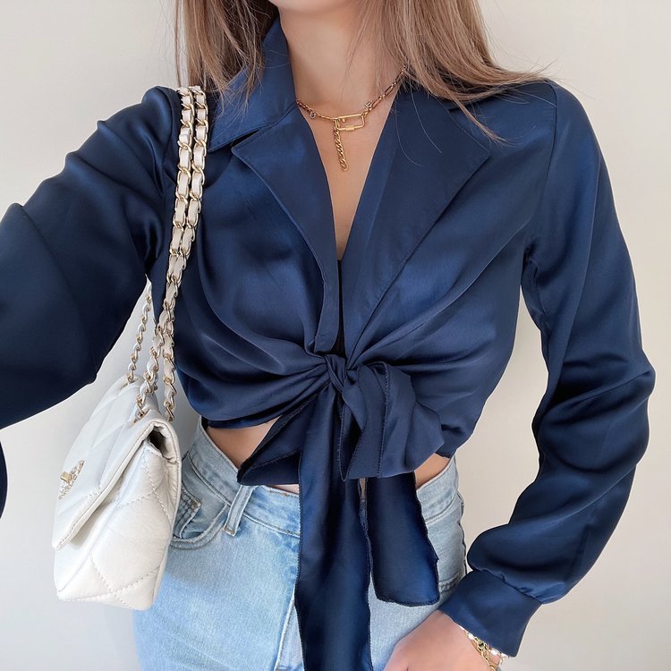 Yanis Satin Tie Top / Navy