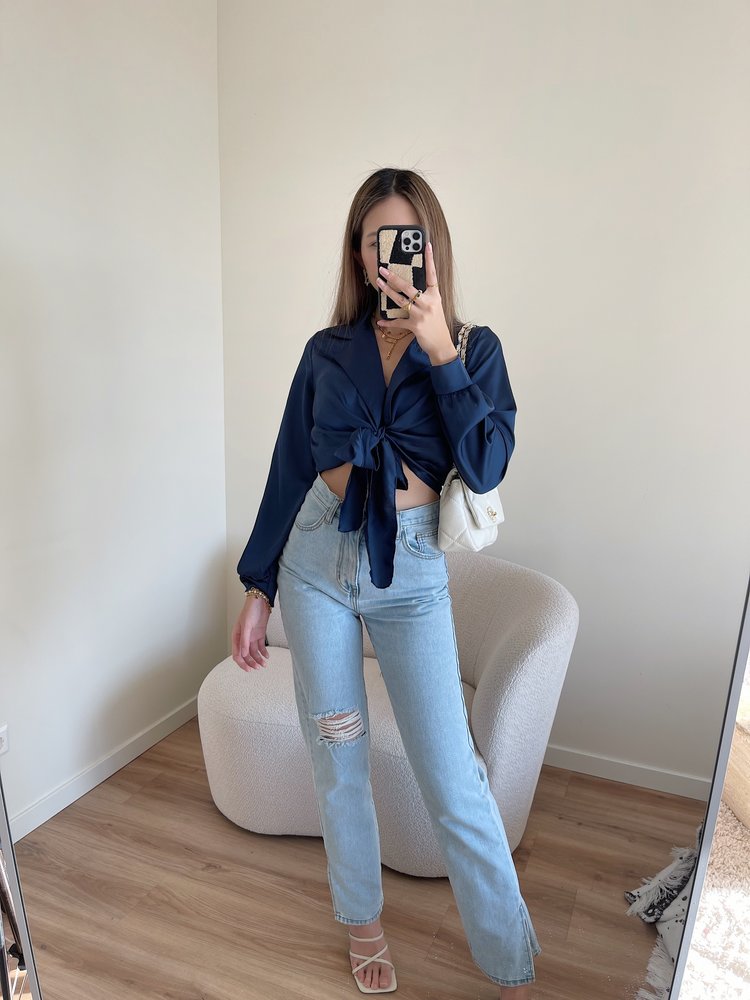 Yanis Satin Tie Top / Navy