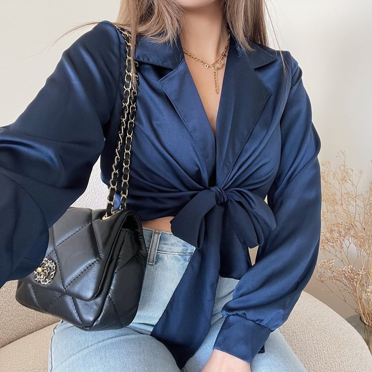 Yanis Satin Tie Top / Navy