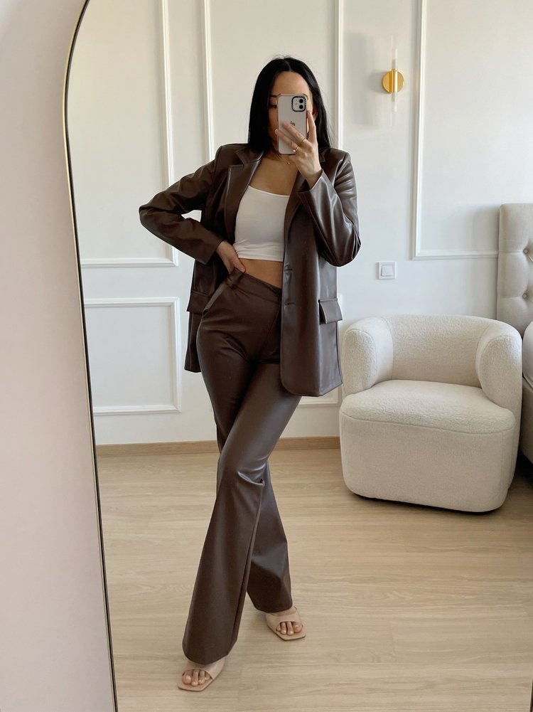 Khai Faux Leather Flared Trousers / Choco Brown