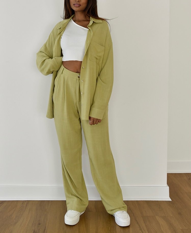 Lourdes Wide Leg Linen Trousers / Green