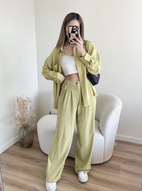 Lourdes Wide Leg Linen Trousers / Green