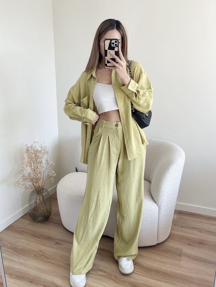 Lourdes Wide Leg Linen Trousers / Green