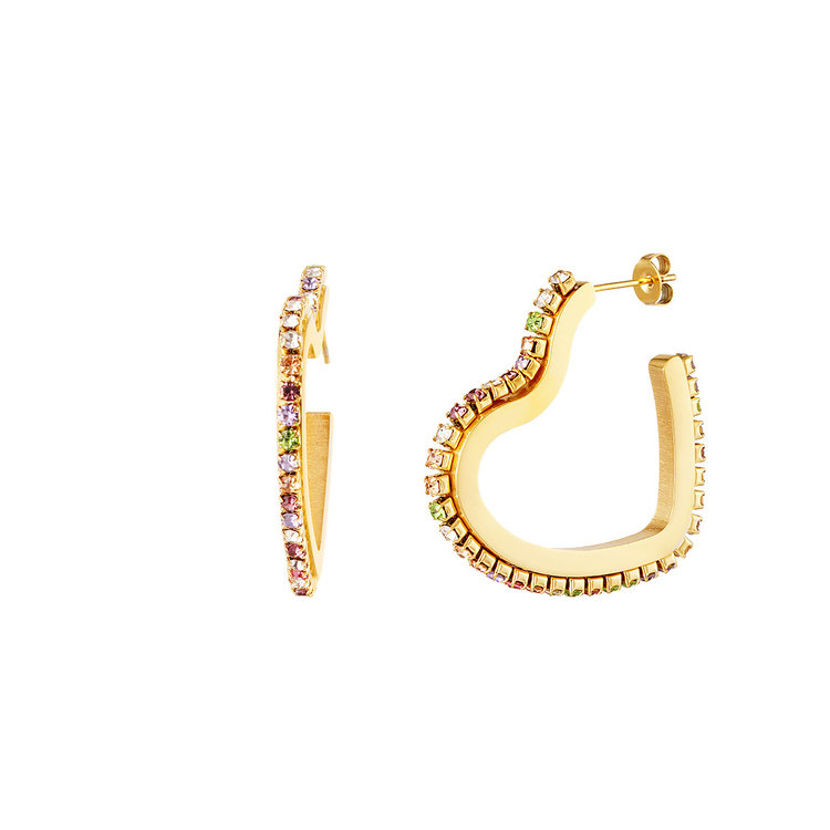 Gold Heart Zircon Hoop Earrings / Rainbow