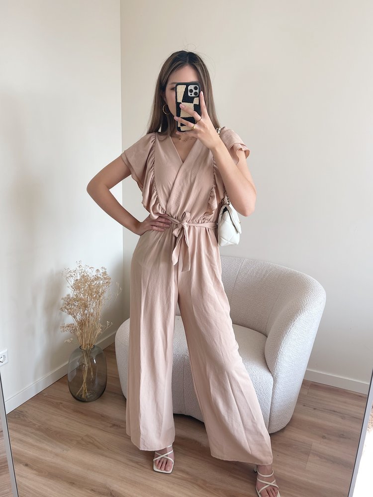 Reya Ruffle Wide Leg Jumpsuit / Beige