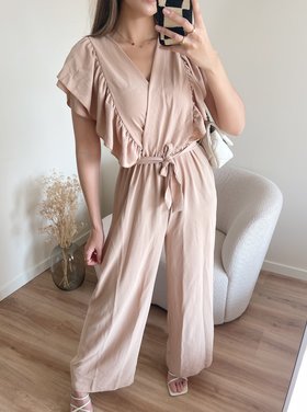 Reya Ruffle Wide Leg Jumpsuit / Beige