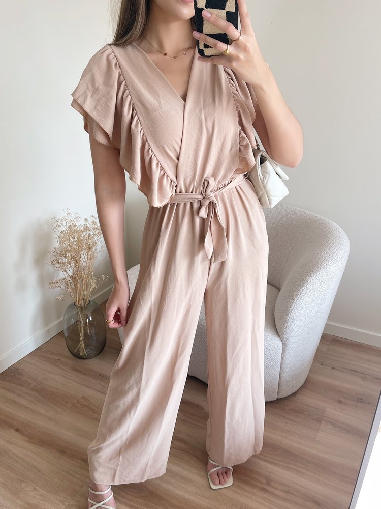 Reya Ruffle Wide Leg Jumpsuit / Beige