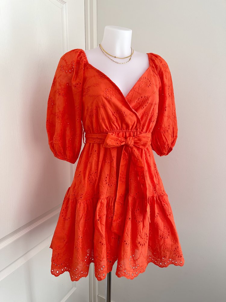 Maisie Embroidered Dress / Red Coral
