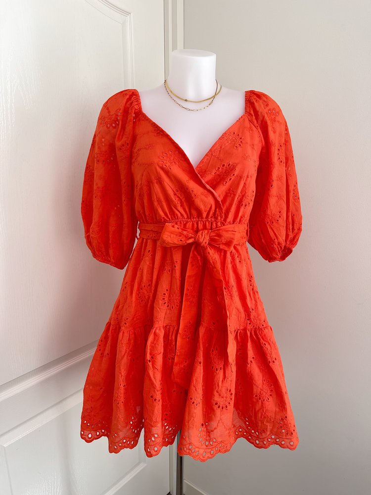 Maisie Embroidered Dress / Red Coral