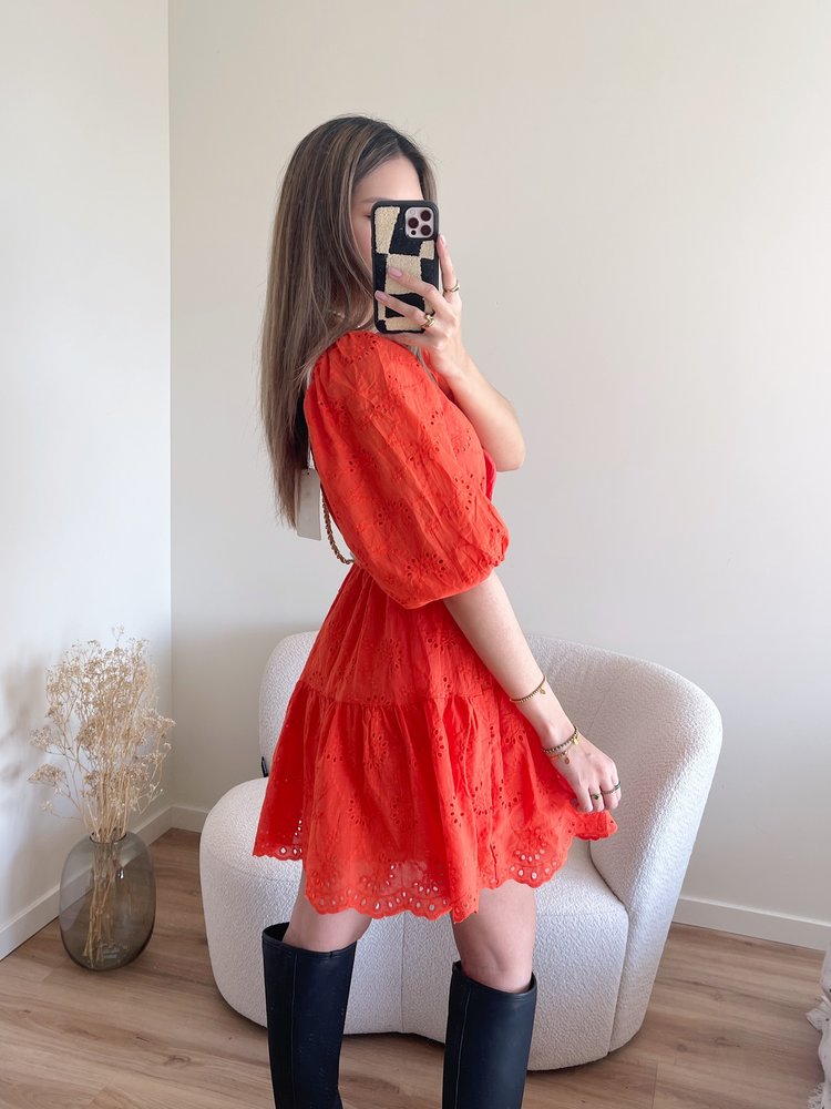 Maisie Embroidered Dress / Red Coral
