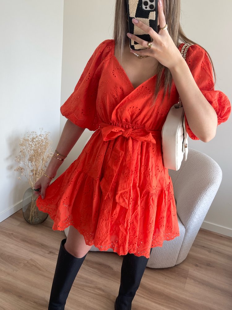 Maisie Embroidered Dress / Red Coral