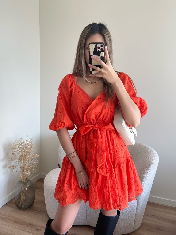 Maisie Embroidered Dress / Red Coral