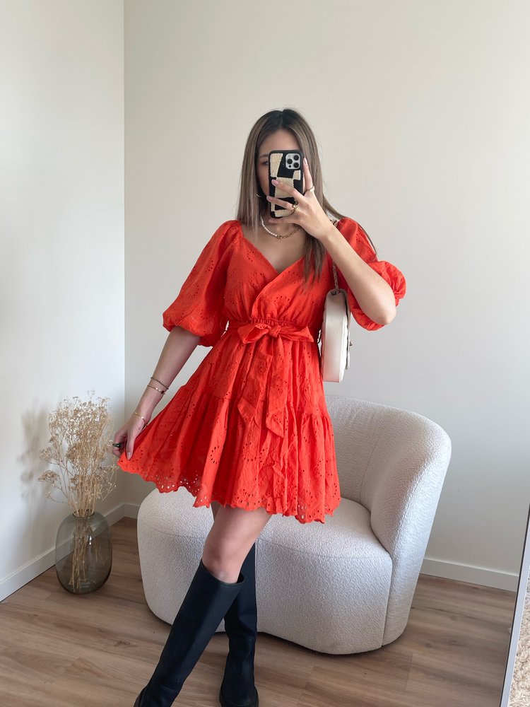 Maisie Embroidered Dress / Red Coral