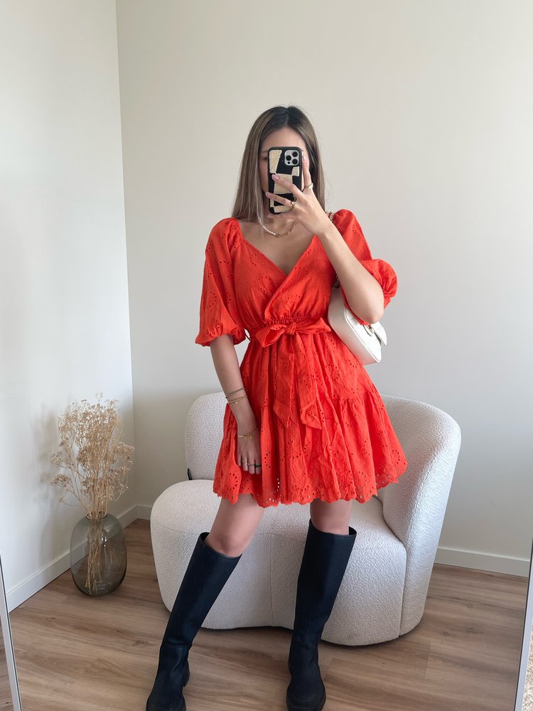 Maisie Embroidered Dress / Red Coral