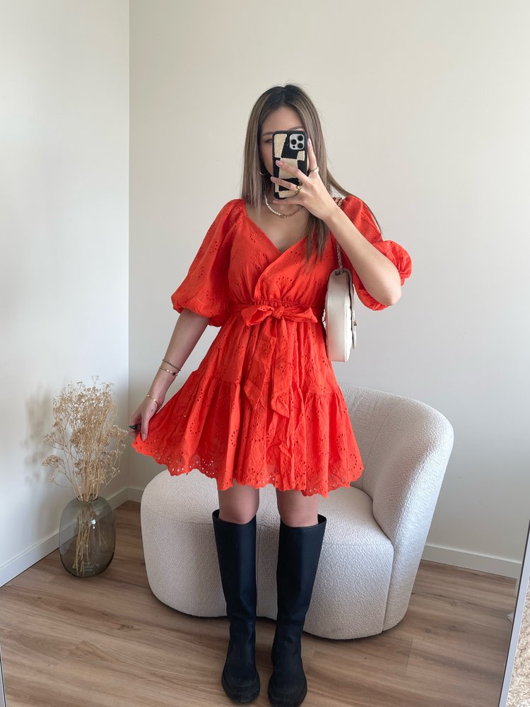 Maisie Embroidered Dress / Red Coral