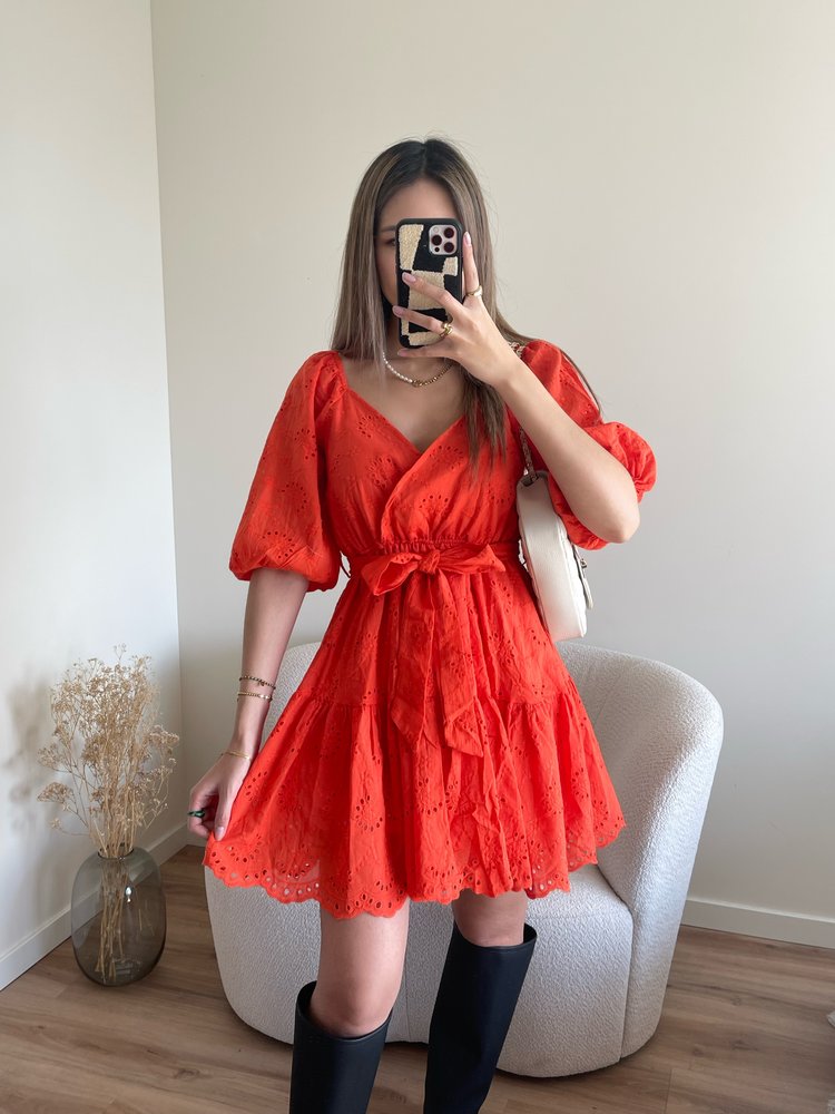 Maisie Embroidered Dress / Red Coral