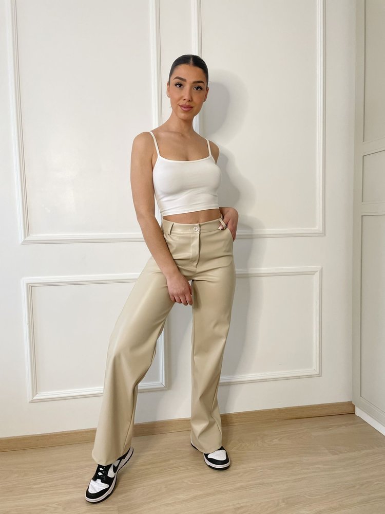 Safaa Faux Leather Straight Leg Trousers / Beige