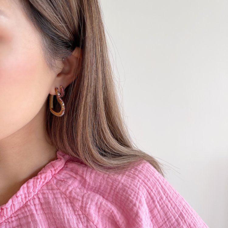 Gold Heart Zircon Hoop Earrings / Rainbow