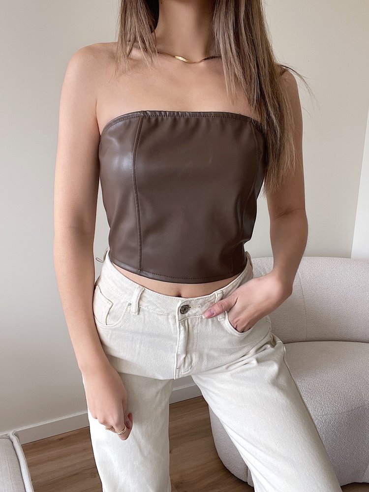 Mika  Faux Leather Tube Top / Choco Brown