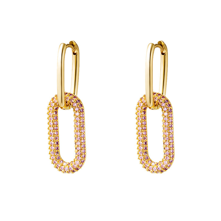 Gold Linked Zircon Earrings / Pink Large
