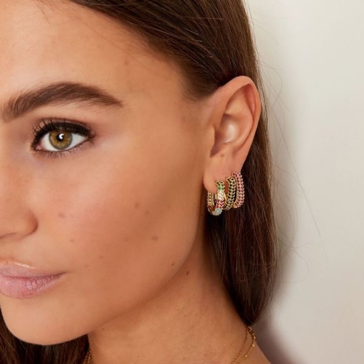 Gold Sparkling Stones Hoop Earrings / Red Pink