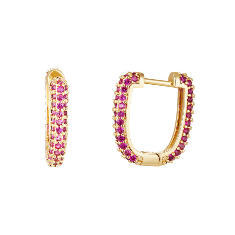 Gold Sparkling Stones Hoop Earrings / Red Pink