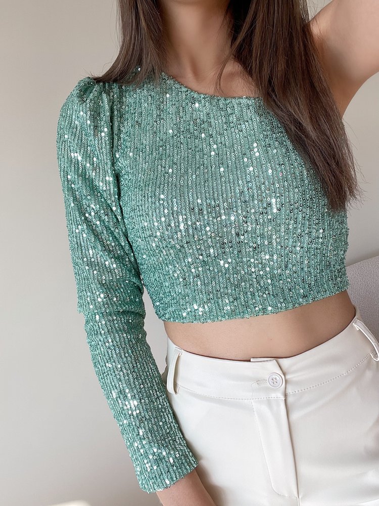 Ruby Sequin Crop Top / Mint Green