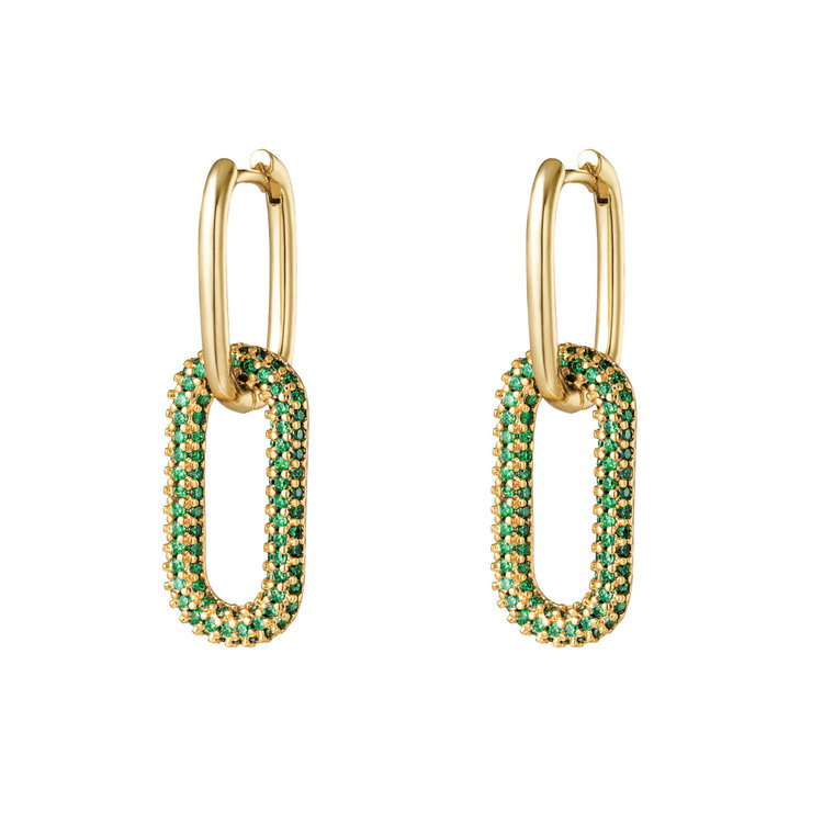Gold Linked Zircon Earrings / Green Large