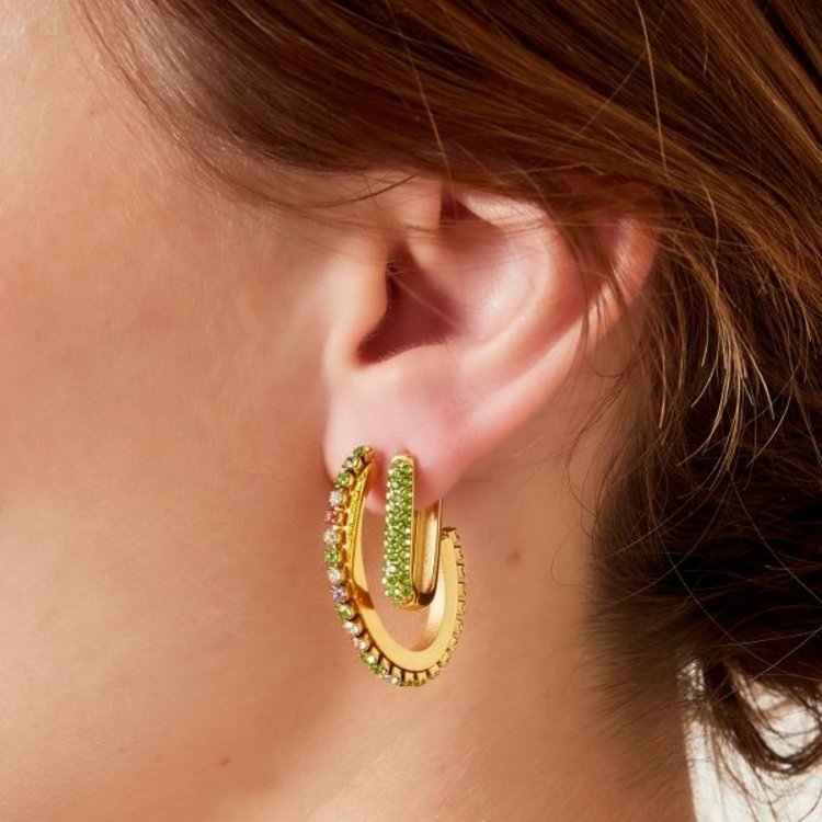 Gold Sparkle Square Earrings / Green Small