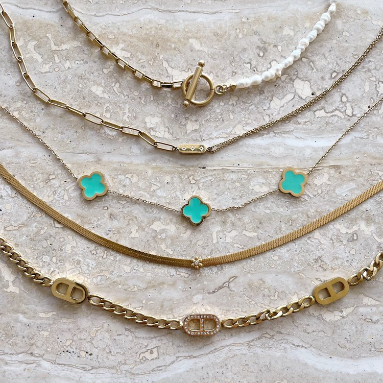 Gold Lucky Clover Necklace / Green