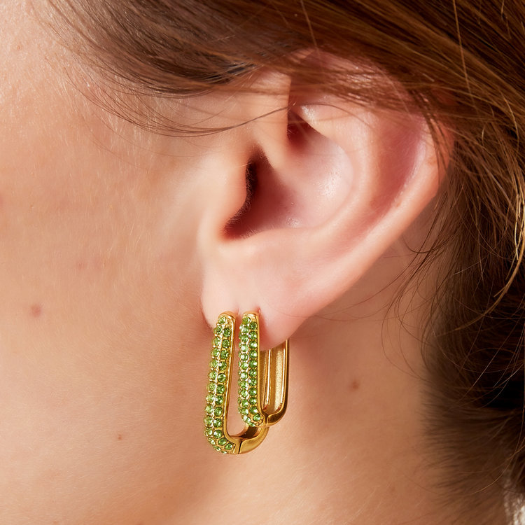 Gold Sparkle Square Earrings / Green Large