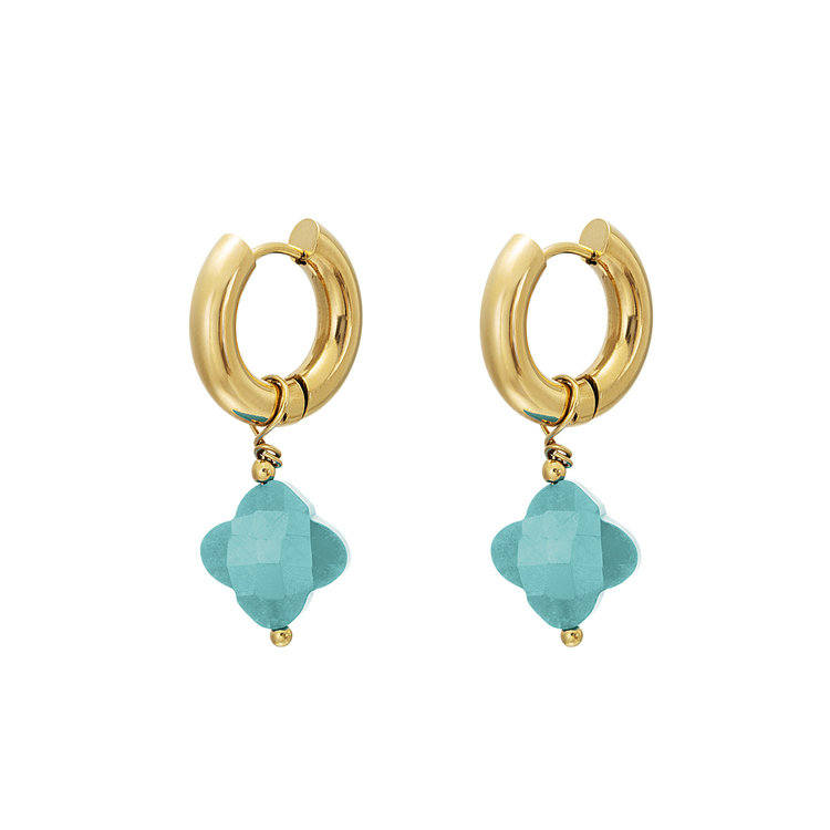 Gold Clover Beads Earrings / Blue