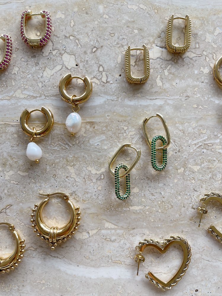 Gold Linked Zircon Earrings / Green Small