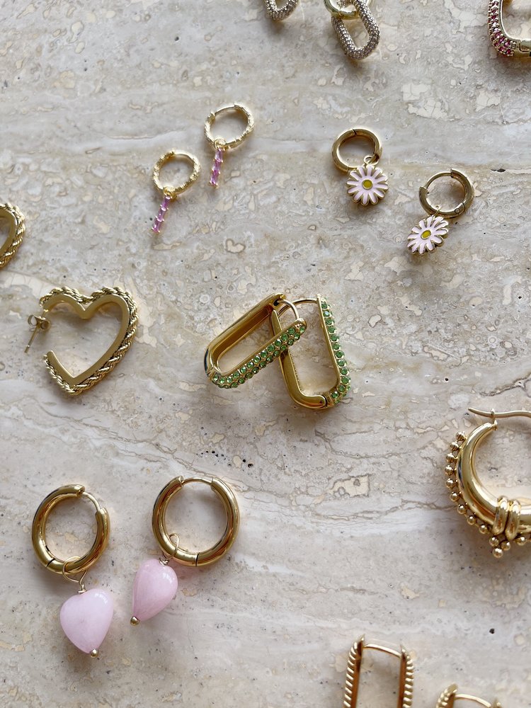 Gold Sparkle Square Earrings / Green Large