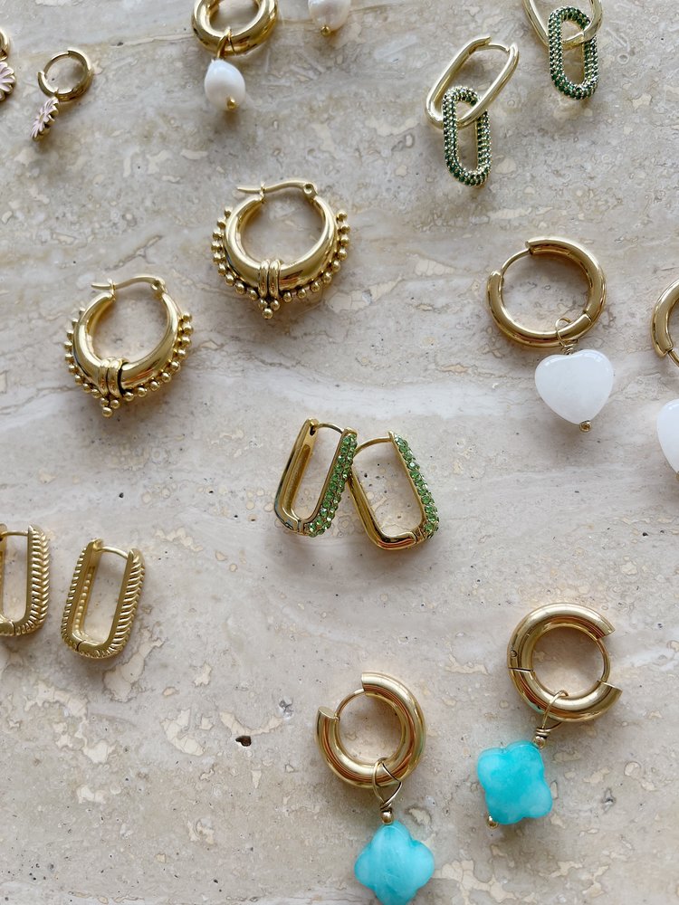 Gold Sparkle Square Earrings / Green Small