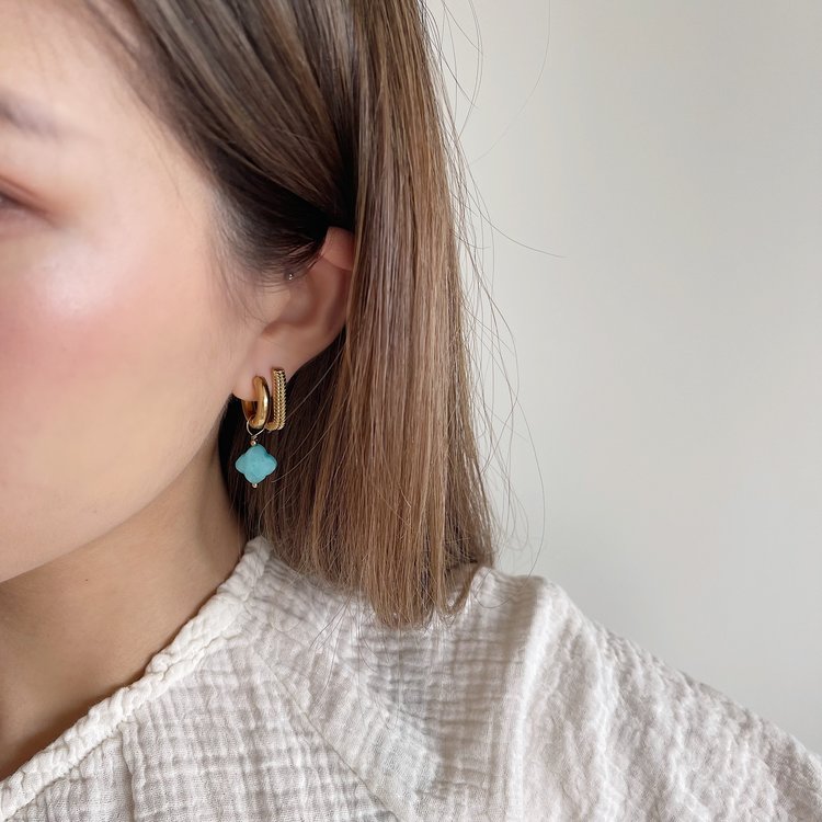 Gold Clover Beads Earrings / Blue