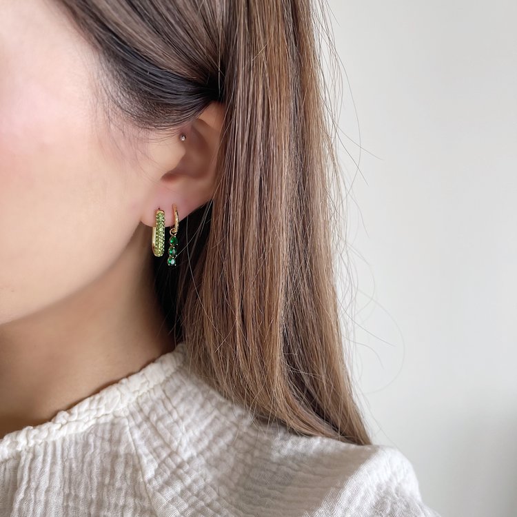 Gold Sparkle Square Earrings / Green Small