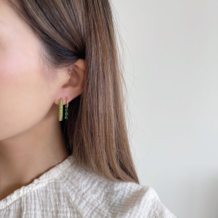 Gold Sparkle Square Earrings / Green Large