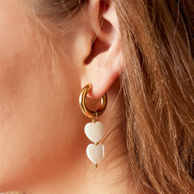 Gold Pearl Heart Beads Earrings / White