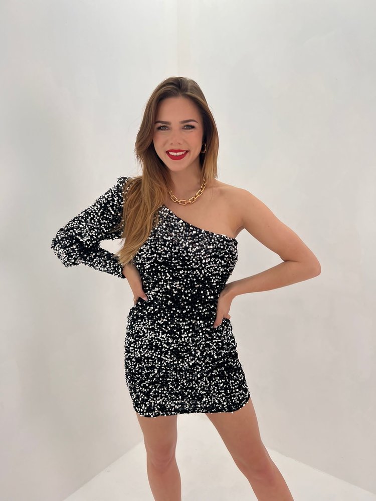 Khloe Sequin One Shoulder Dress / Silver