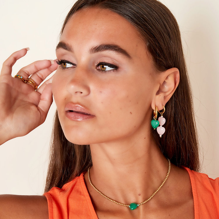 Gold Heart Beads Earrings / Purple