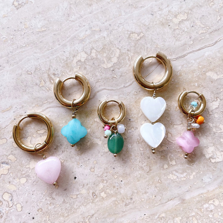 Gold Heart Beads Earrings / Purple