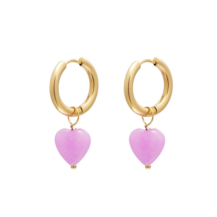 Gold Heart Beads Earrings / Purple