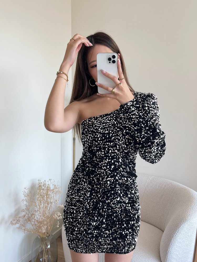 Khloe Sequin One Shoulder Dress / Silver